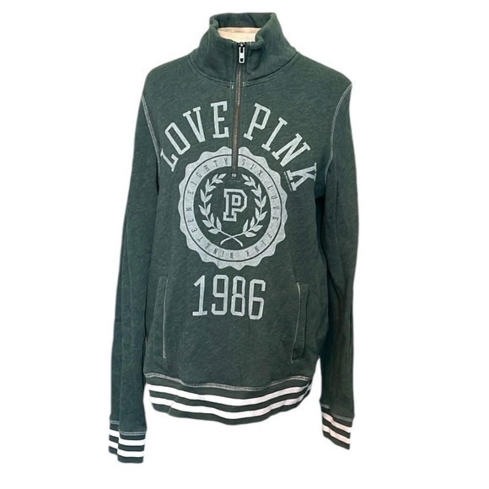 PINK Victoria’s Secret long sleeve quarter zip shirt green/white, size medium